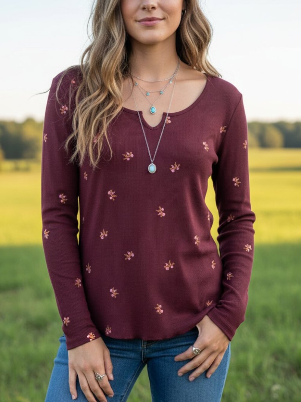 Old Navy XL Tee Top Burgundy Floral LS Ribbed Boho Cottage Whimsigoth Casual